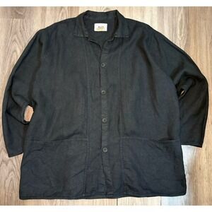 FLAX Jacket Womens Medium Black Oversized Button Natural Linen Lagenlook Tunic